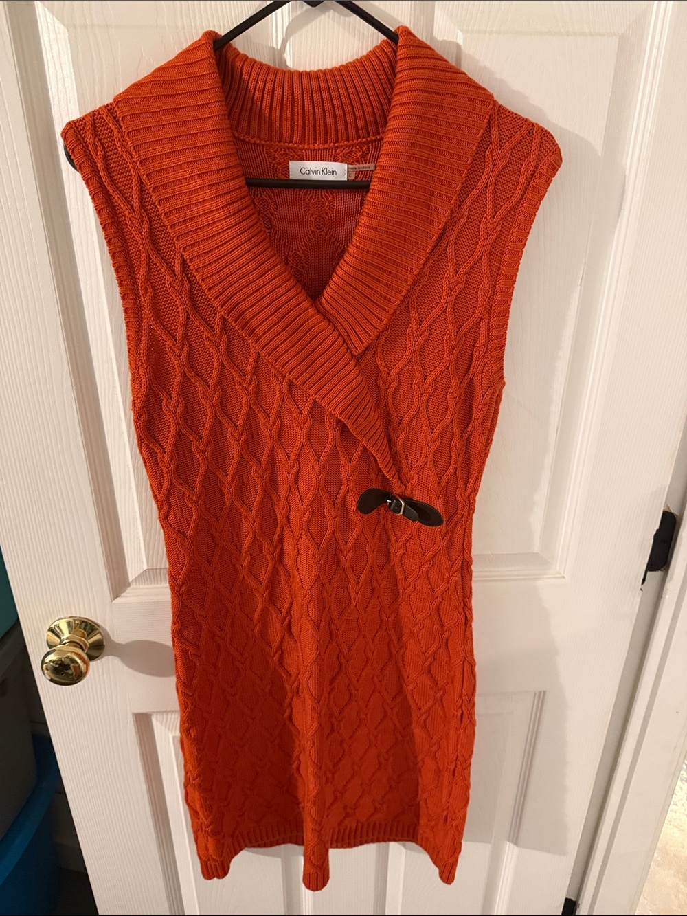 Calvin Klein Orange Cable-Knit Shawl Collar Sleeveless Dress